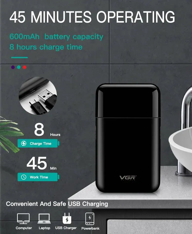VGR electric shaver by Simples Market, black portable USB-charging beard trimmer for men