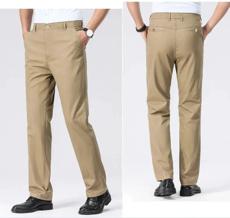 Men's tan chino pants in lightweight business casual style with pockets, shown from front and back.