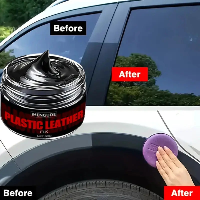Car plastic repair paste for interior panels; purple sponge applicator and before/after car door comparison