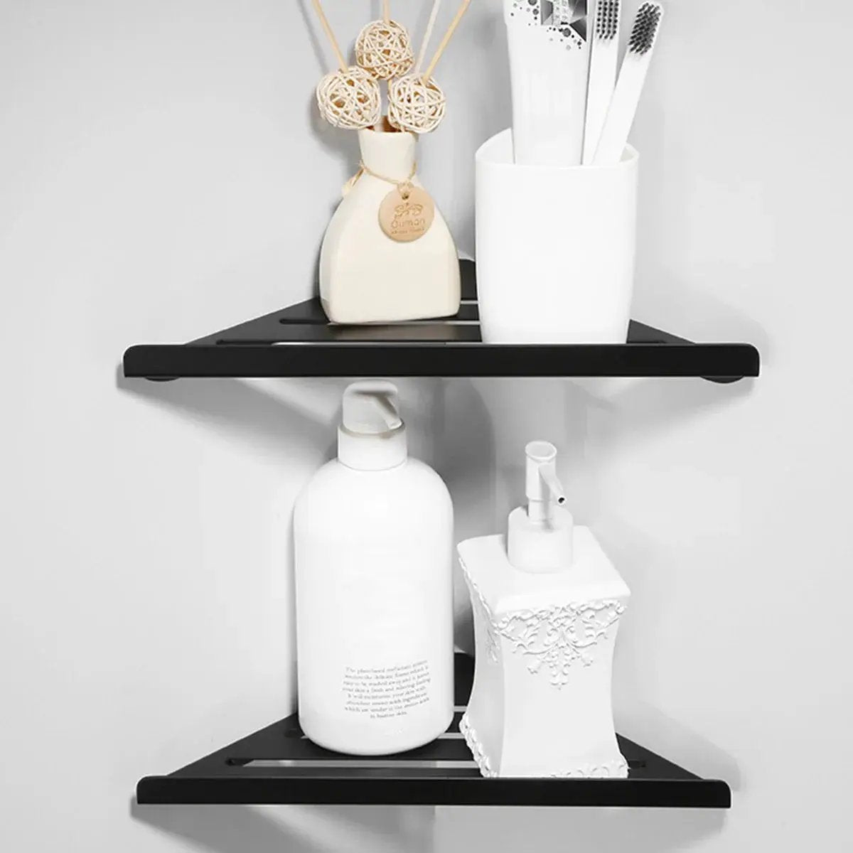 Simples Market bathroom corner shower shelf, black 304 stainless steel, no-drill mounting, two-tier organizer.