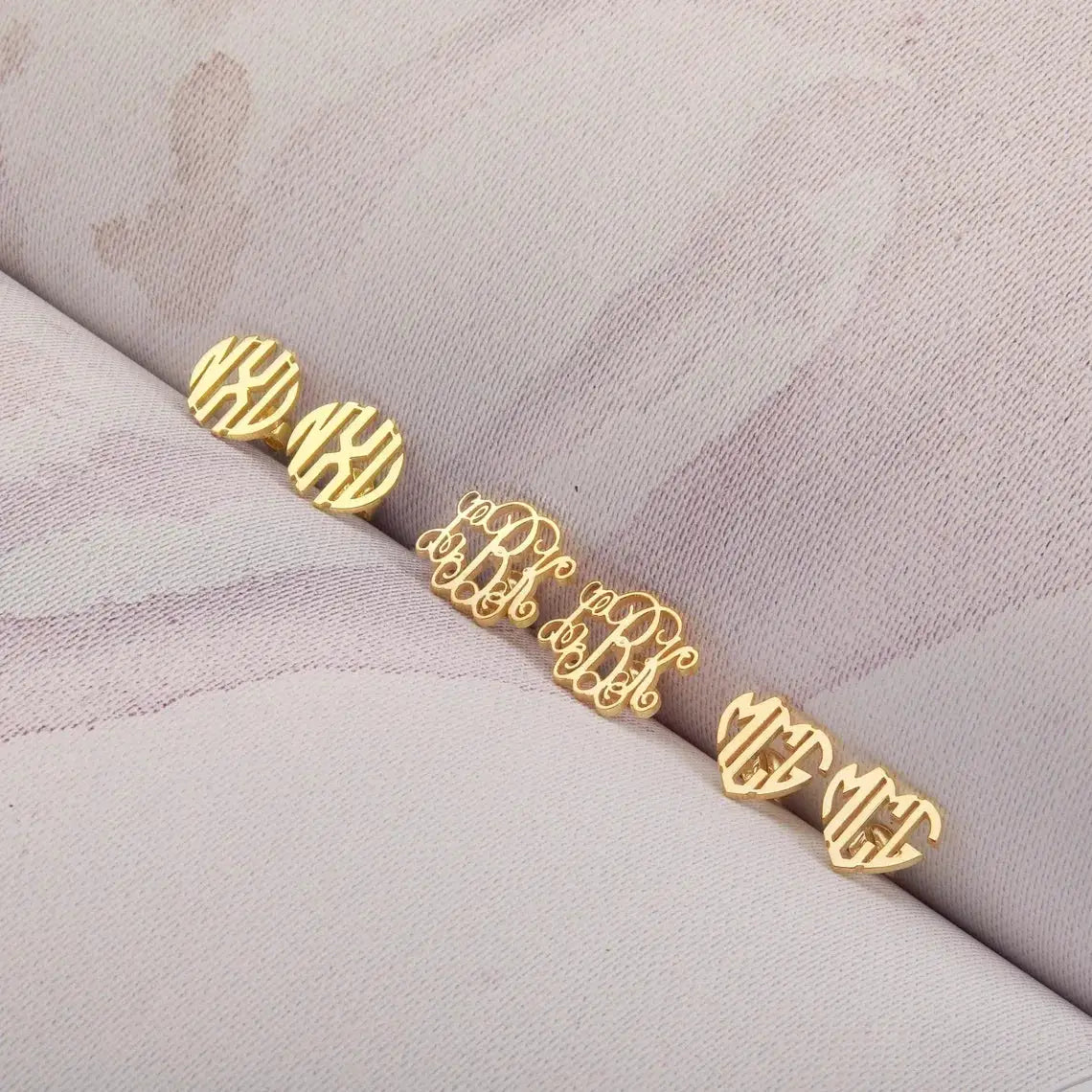 Bohemia Monogram Earrings; gold-tone stainless steel personalized stud earrings with round heart initials