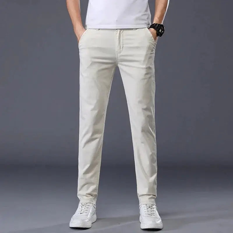 Men's cotton casual pants, beige, slim straight fit.