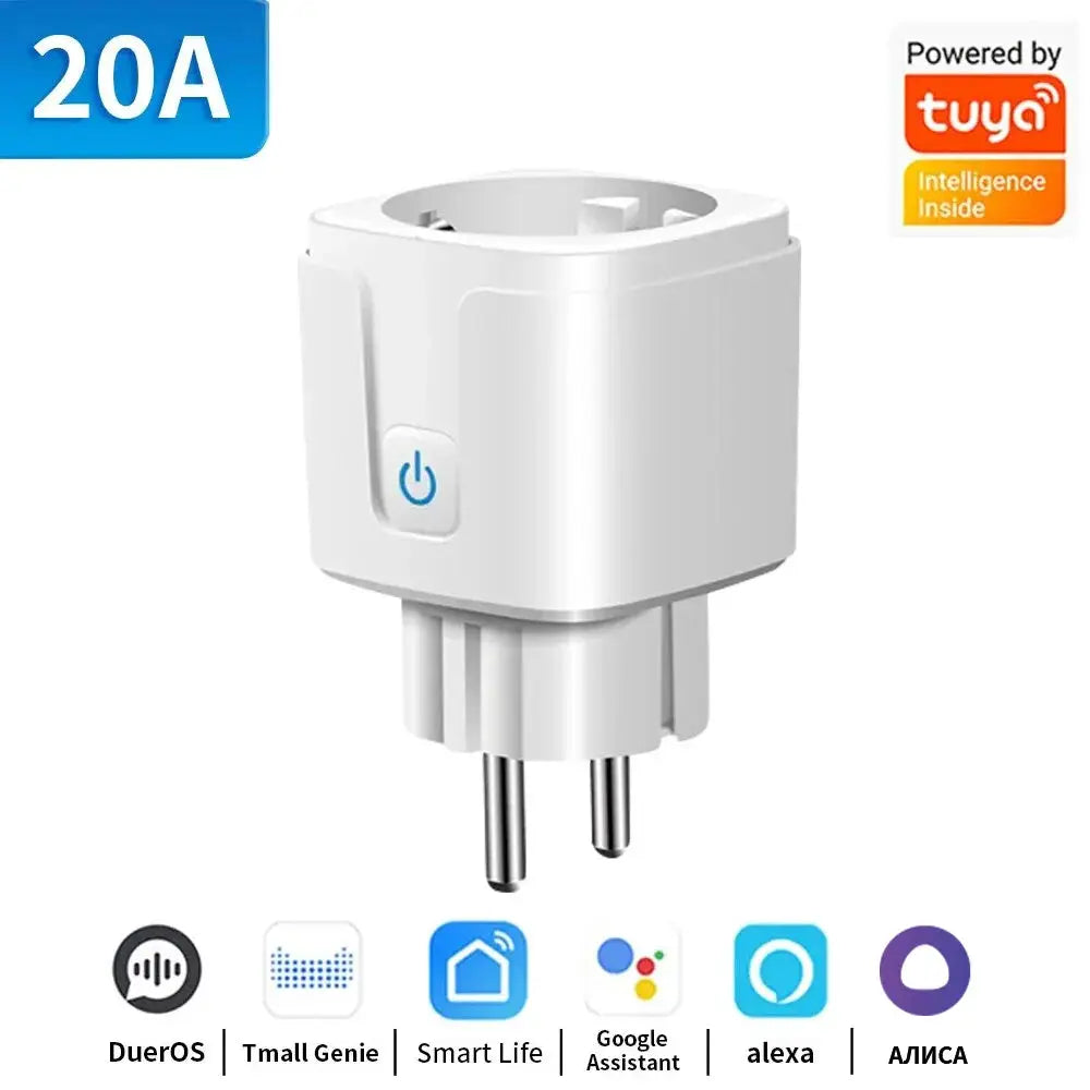 Smart EU plug socket by Simples Market, white Tuya-powered 16/20A power monitor with timer and Alexa/Google Assistant