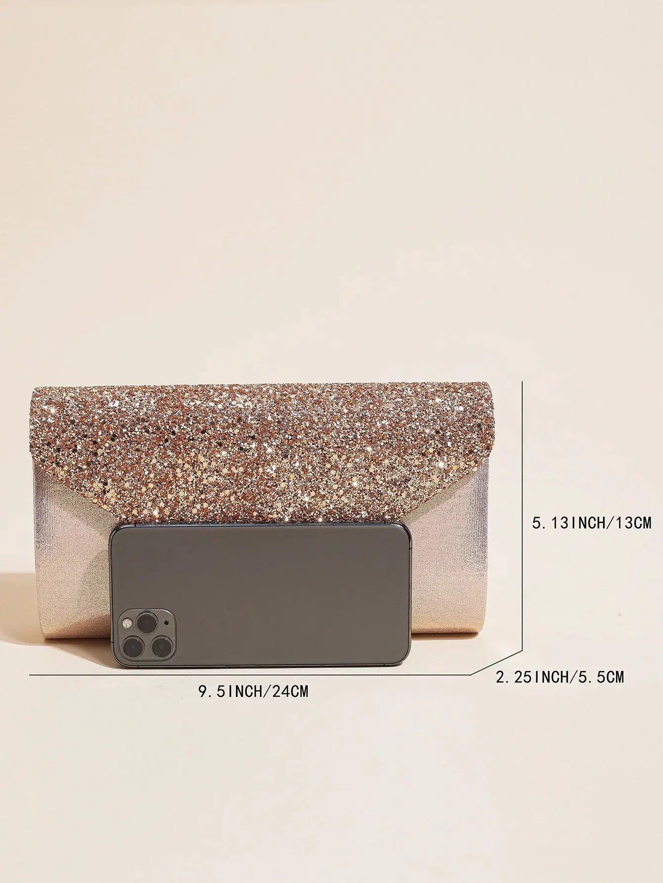 Sequin envelope clutch purse with rose-gold glitter top and metallic base