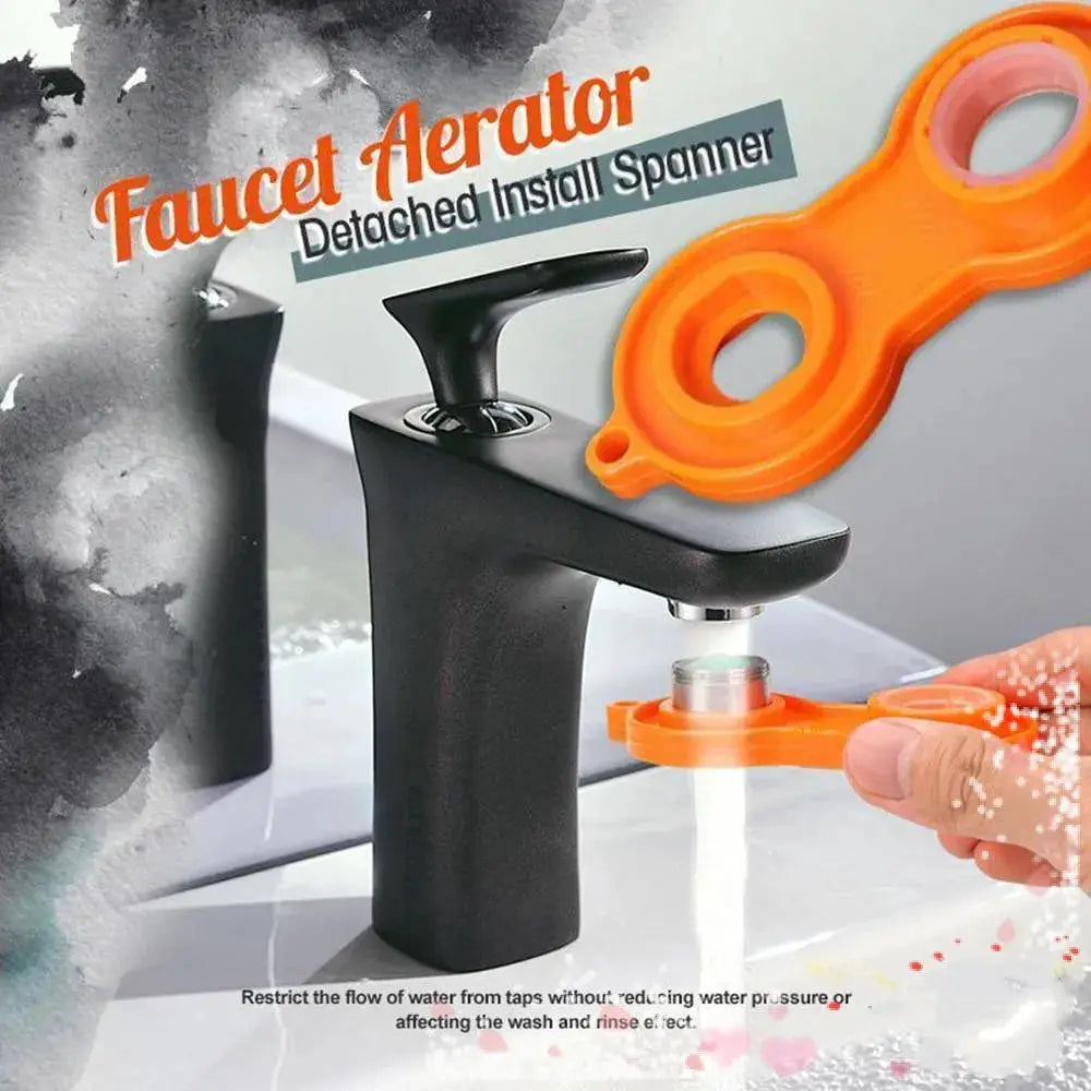 Simples Market faucet aerator with anti-splash bubbler, black faucet and orange installation tool, 360° swivel