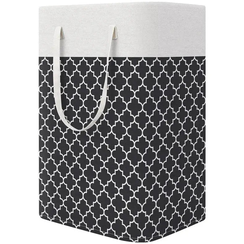 Laundry basket with beige top and dark geometric pattern, foldable large-capacity with white handles.