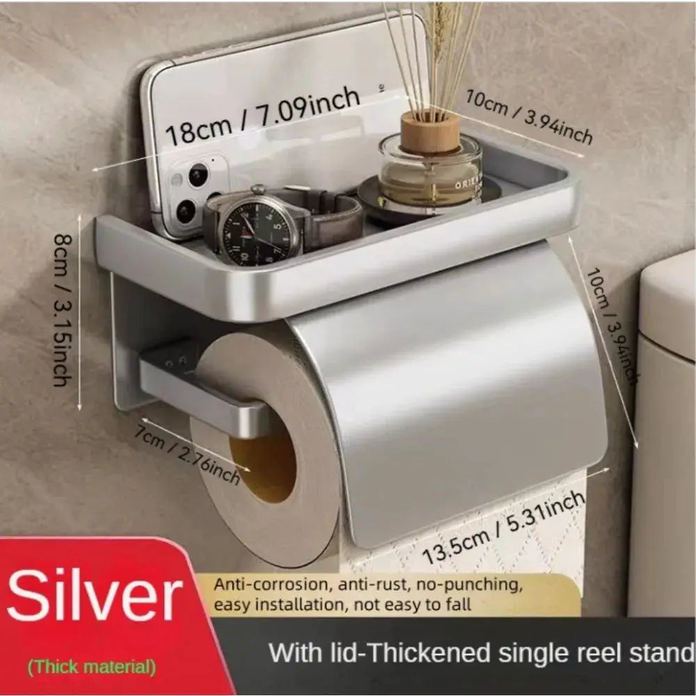NovaGrip Self Adhesive Toilet Paper Holder With Shelf Wall Mount No Drilling Aluminum Alloy Bathroom Organizer