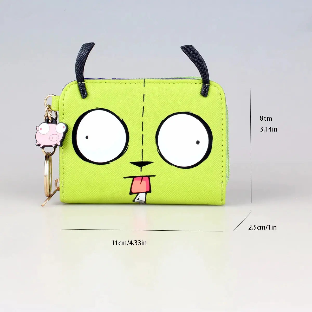 Simples Market lime-green 3D trifold wallet with ID window and cartoon face, includes pig keychain