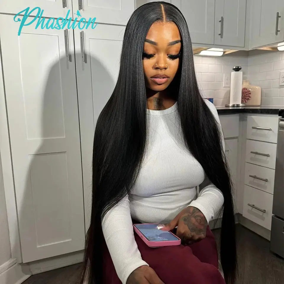 Phashion lace closure wig, 24–26in straight long black Remy hair with Swiss lace