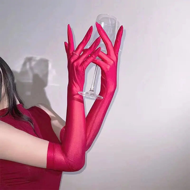 Oil Slick Shine Ultra Thin Women Elbow Length Transparent Glossy Gloves Elastic Fit Clubwear
