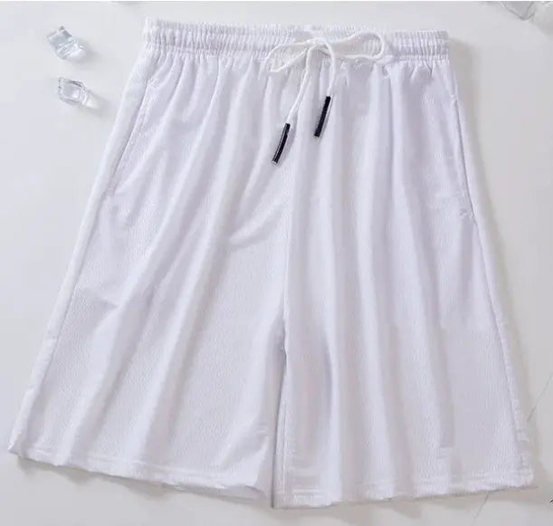 Simples Market white men's sports shorts, breathable quick-dry mesh polyester with drawstring.