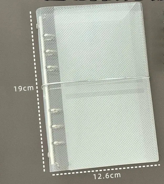 M5 A7 A6 diagonal PP three-fold notebook cover by Simples Market, transparent with elastic strap.