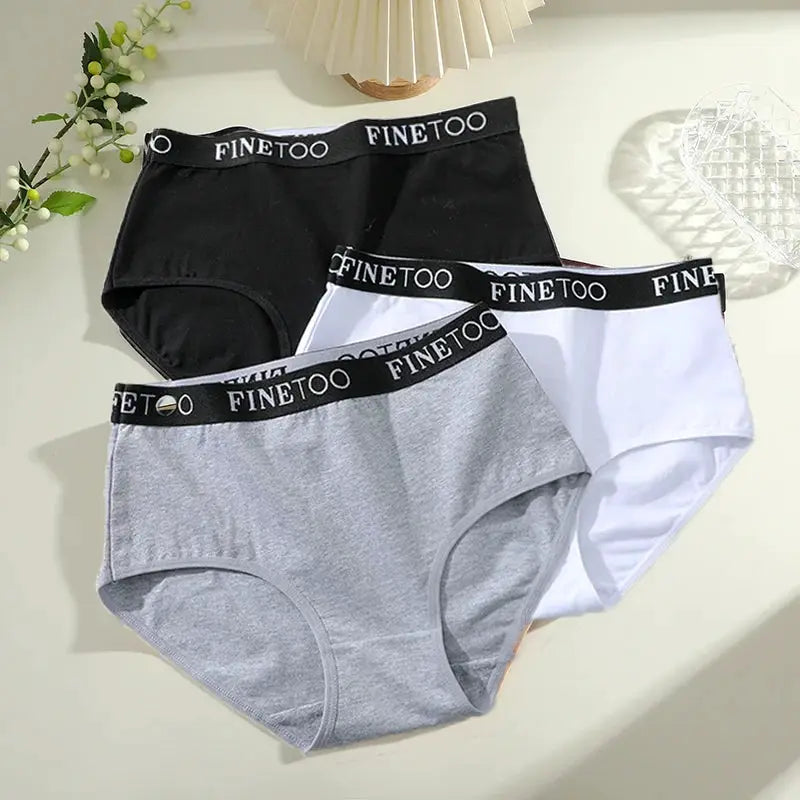 Finetoo 3Pcs women's cotton briefs set in black, gray and white with logo waistband