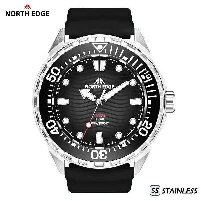 North Edge Triton-TI diving watch with stainless steel case, black dial, and black silicone strap