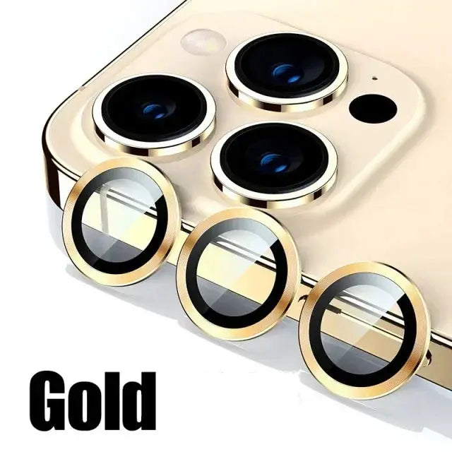 Gold metal lens protector glass set for iPhone back camera lenses, 3 pieces