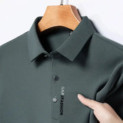 Men's dark green polo shirt, short sleeves, breathable fabric, GNR FASHION branding.