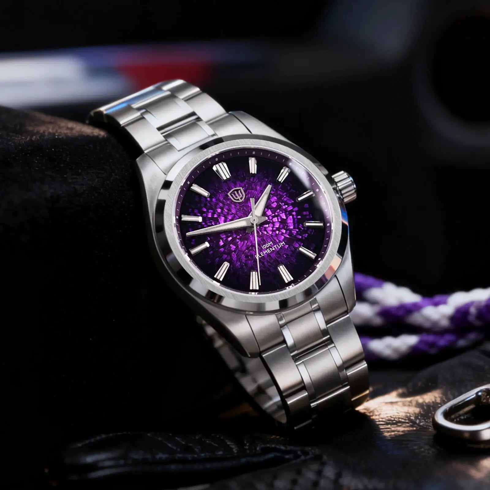 Watchdives WD0003C stainless steel wristwatch with purple ice-crack dial, luminous hands and 100m water resistance