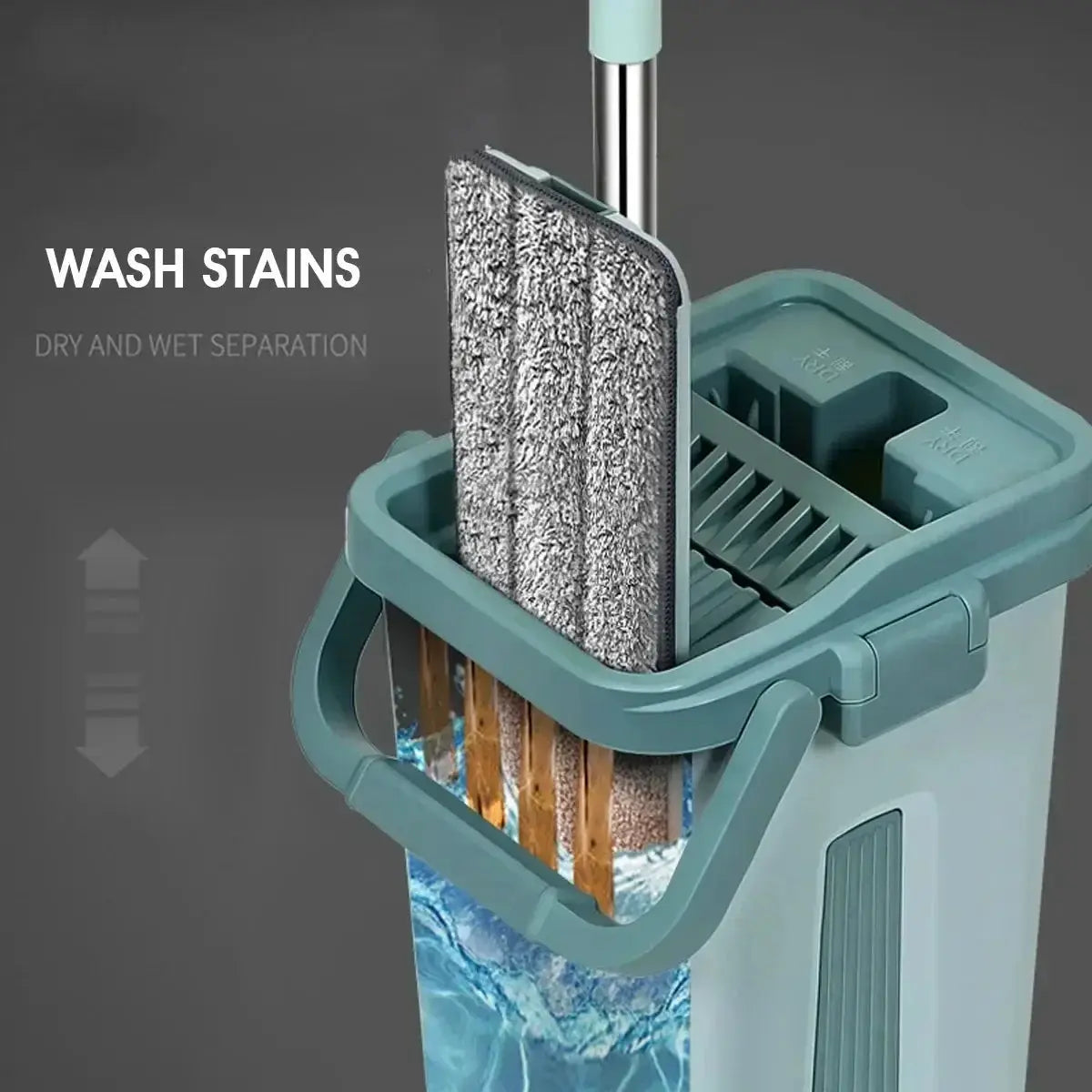 Flat squeeze mop with bucket by Simples Market, teal; microfiber pad for wet or dry cleaning on hardwood/laminate floors.