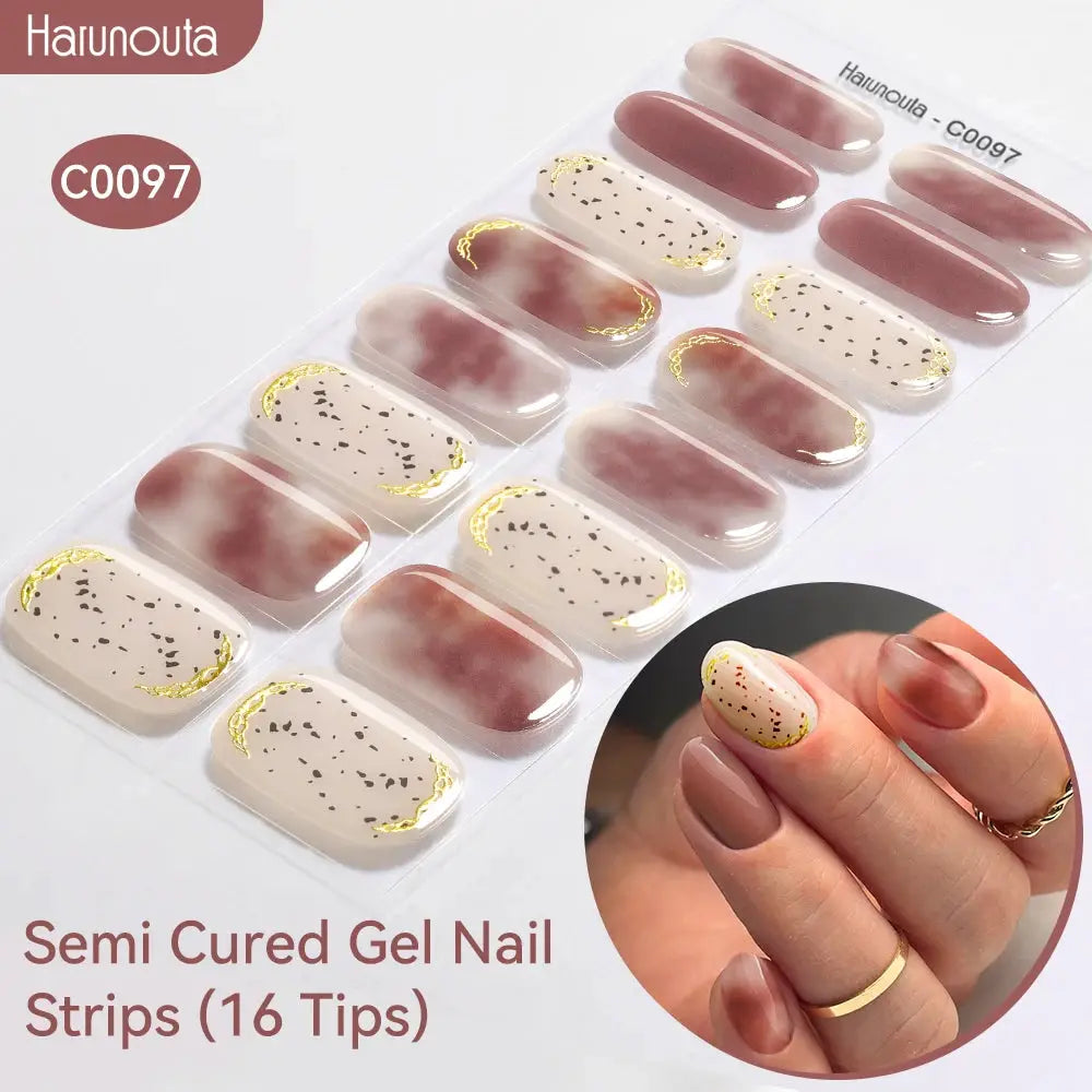 Harunouta Gradient Auroras semi cured gel nail strips, mauve gradient with gold foil, 16 tips