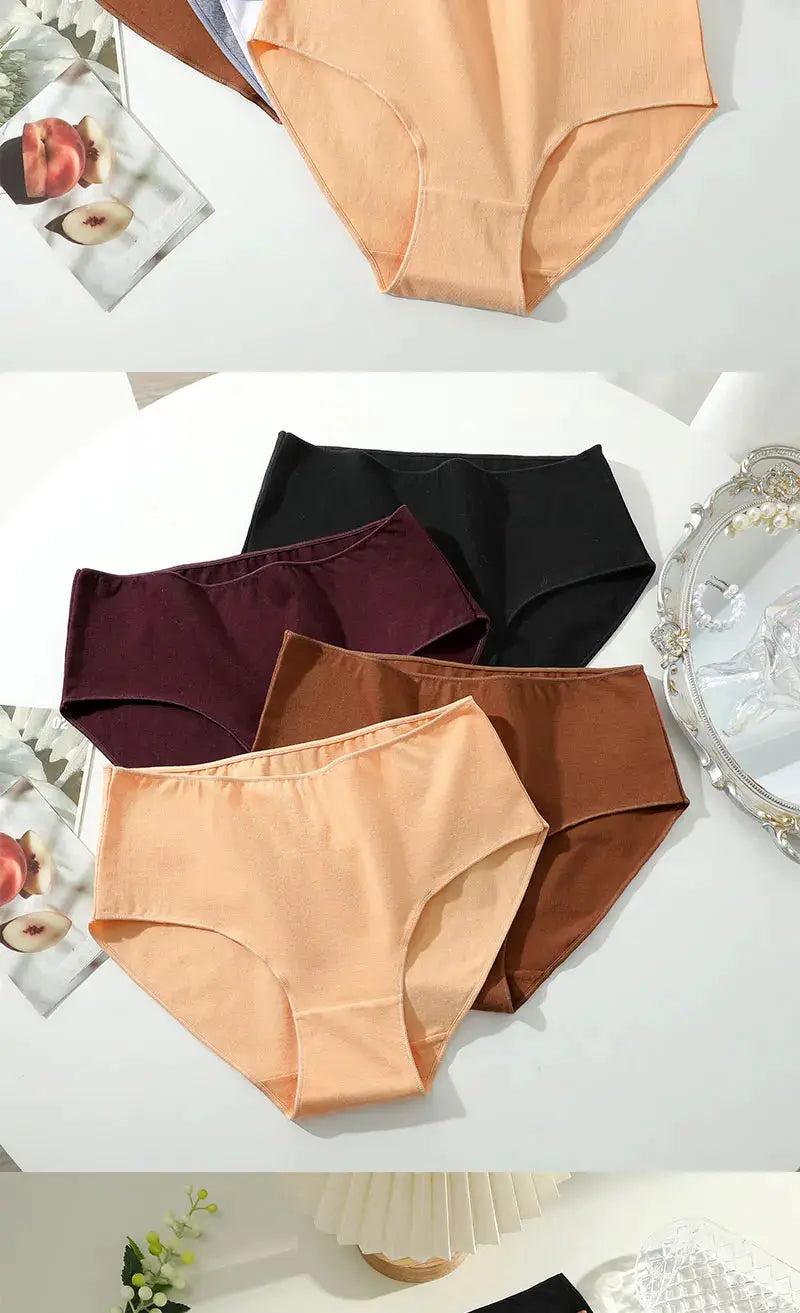 4-pack set of Simples Market cotton high-waist seamless panties in peach, black, burgundy, and brown.