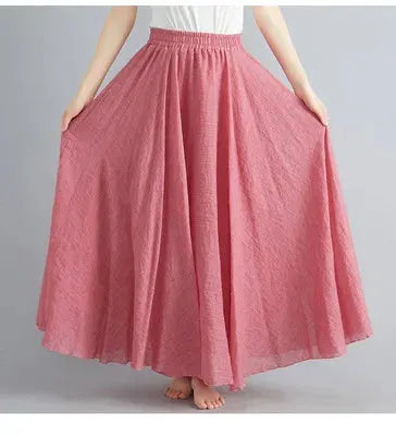 Long skirt by Simples Market in pink cotton-linen Mori-style with elastic waist and A-line silhouette