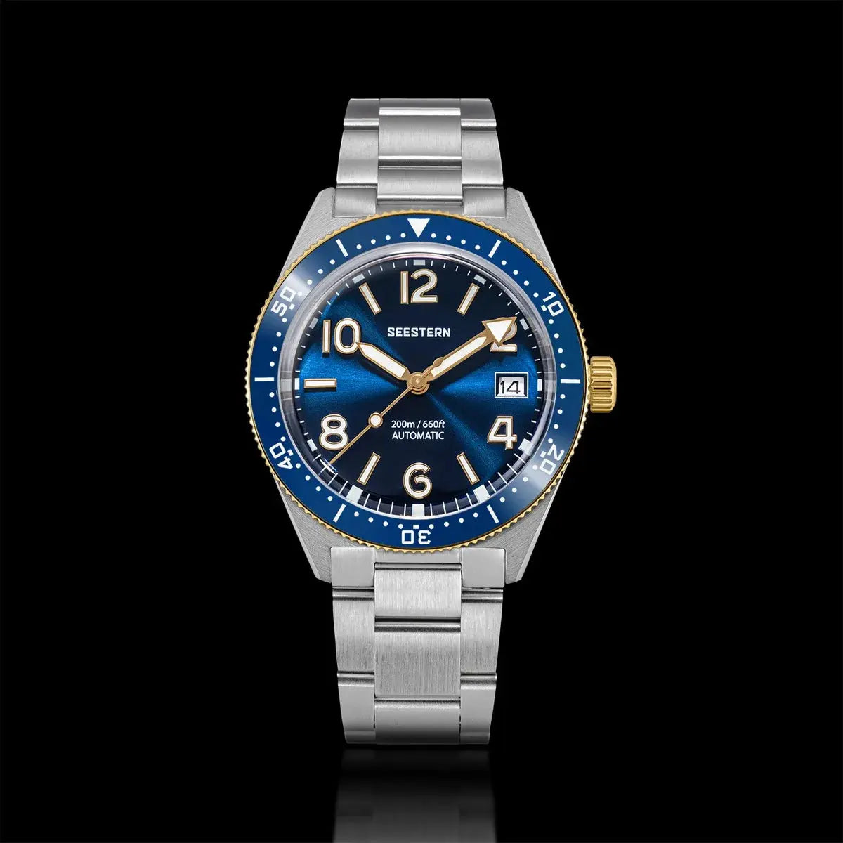 SEESTERN Diver Watch, blue dial with gold-tone hands, stainless steel bracelet, 200m water resistant, automatic