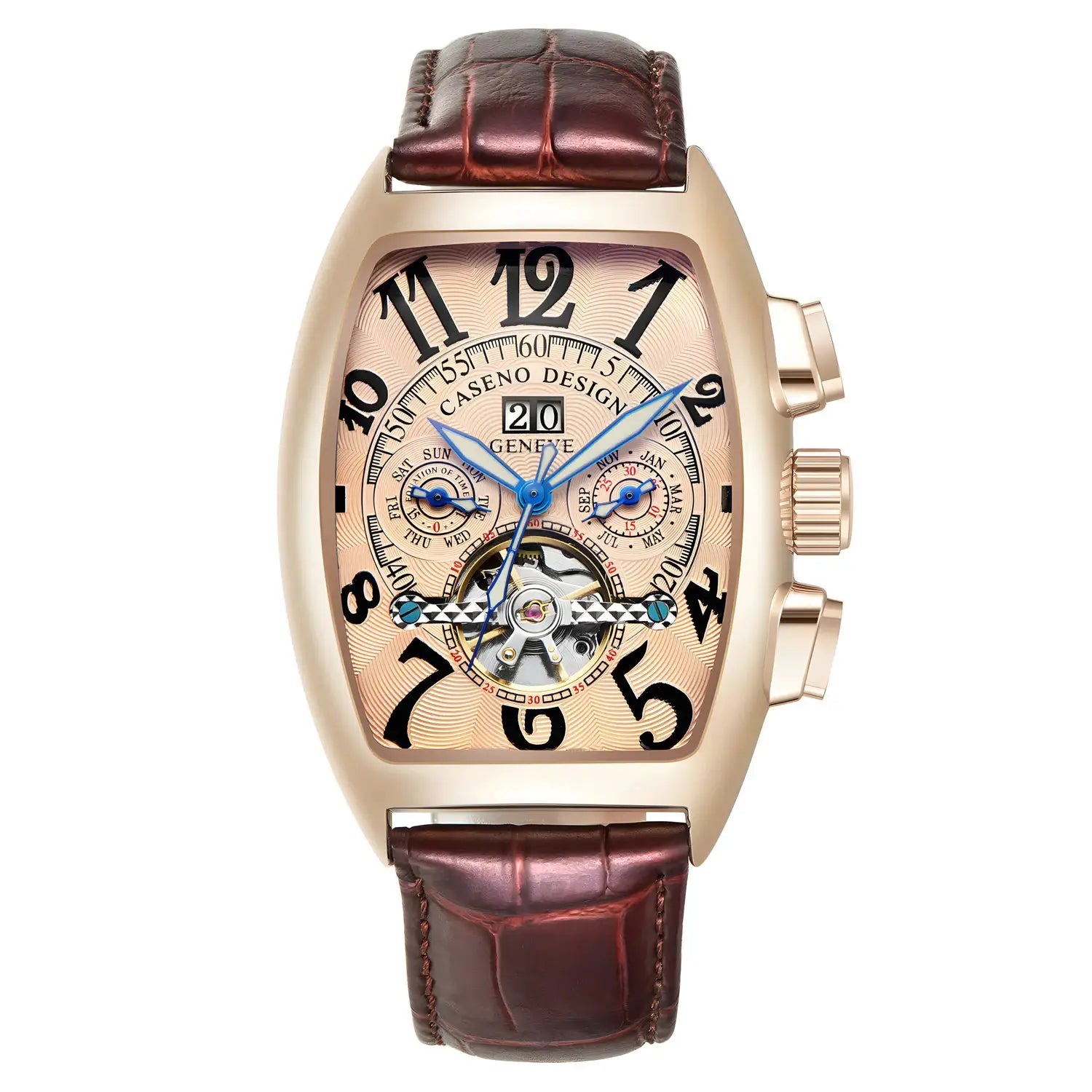 CASENO Design men's tourbillon skeleton watch with rose gold tonneau case, blue hands, brown leather strap