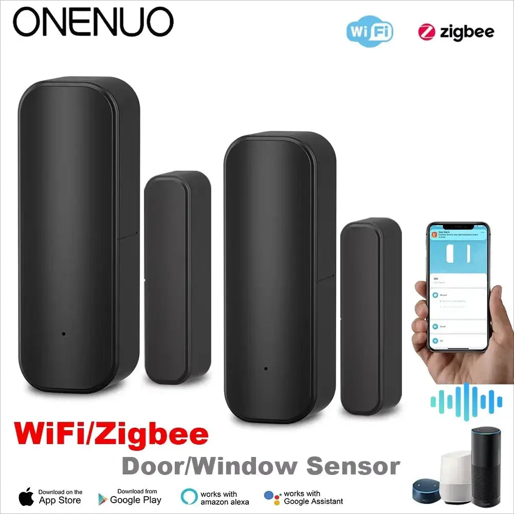 Door/window sensor set by ONENUO, 4-piece black WiFi/ZigBee kit with Alexa and Google Home compatibility