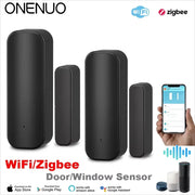 Door/window sensor set by ONENUO, 4-piece black WiFi/ZigBee kit with Alexa and Google Home compatibility