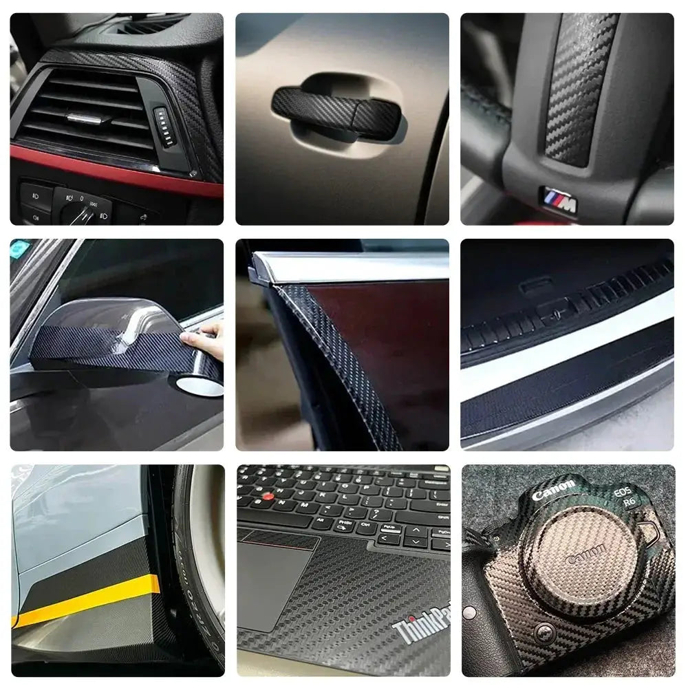 3D carbon fiber car wrap film set by Simples Market; glossy black vinyl sheets for car protection (9-piece collage)