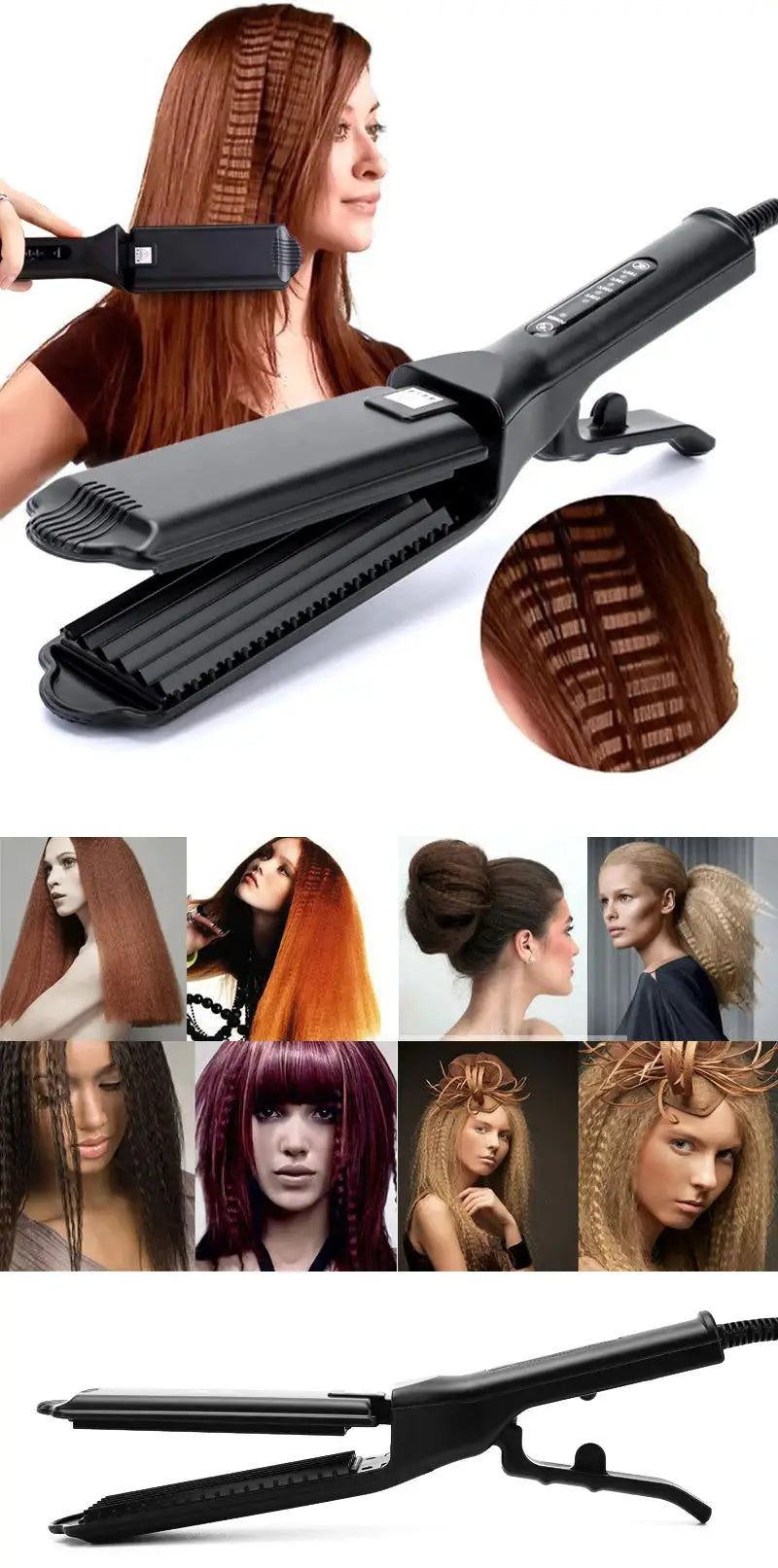 Simples Market professional hair curler wand with ceramic corrugated wave plate and clip, black color, versatile styling tool