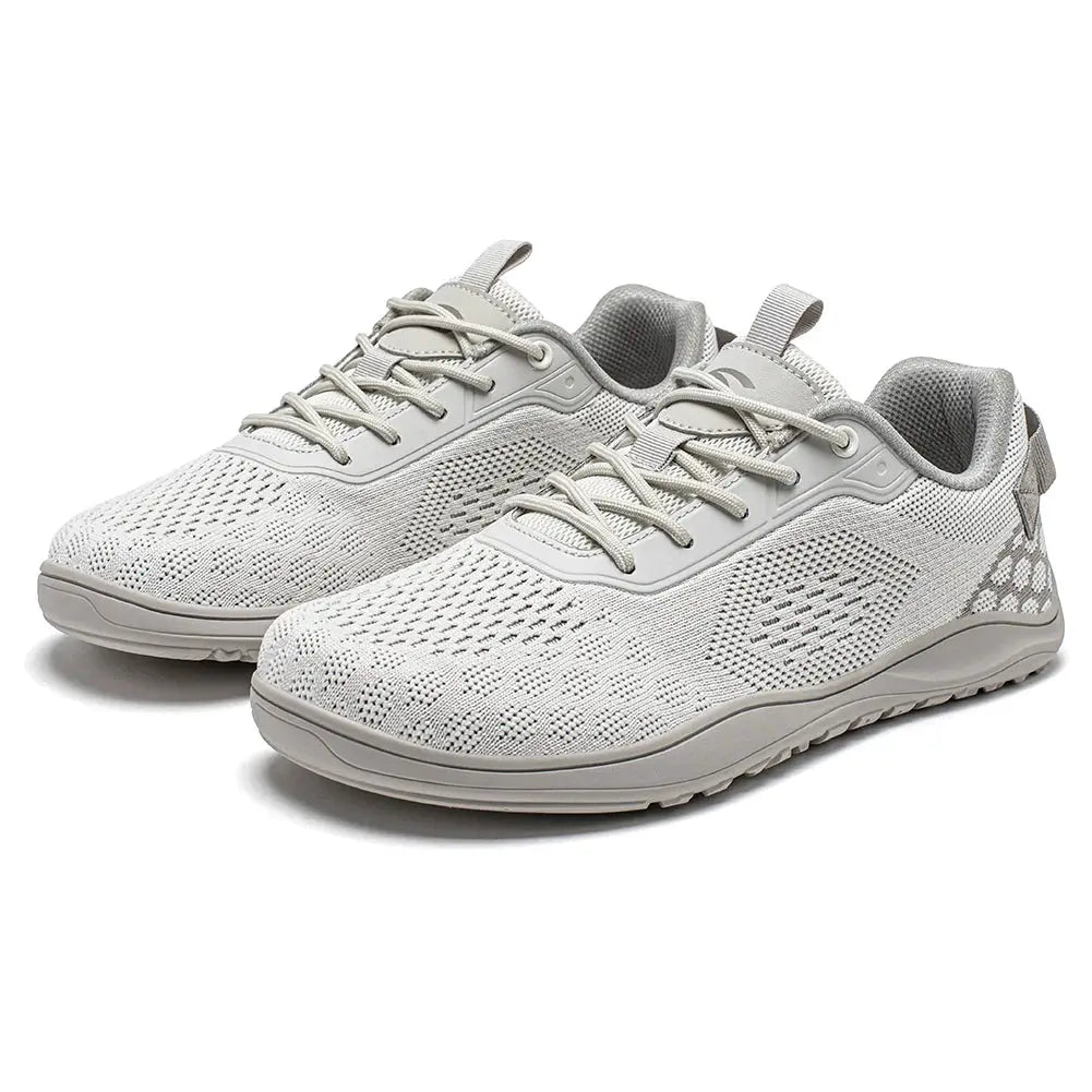 HOBIBEAR knit barefoot shoes, pair of unisex zero-drop wide-toe sneakers, breathable gray.