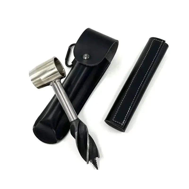 Auger hand drill with metal auger bit and two black leather sheaths