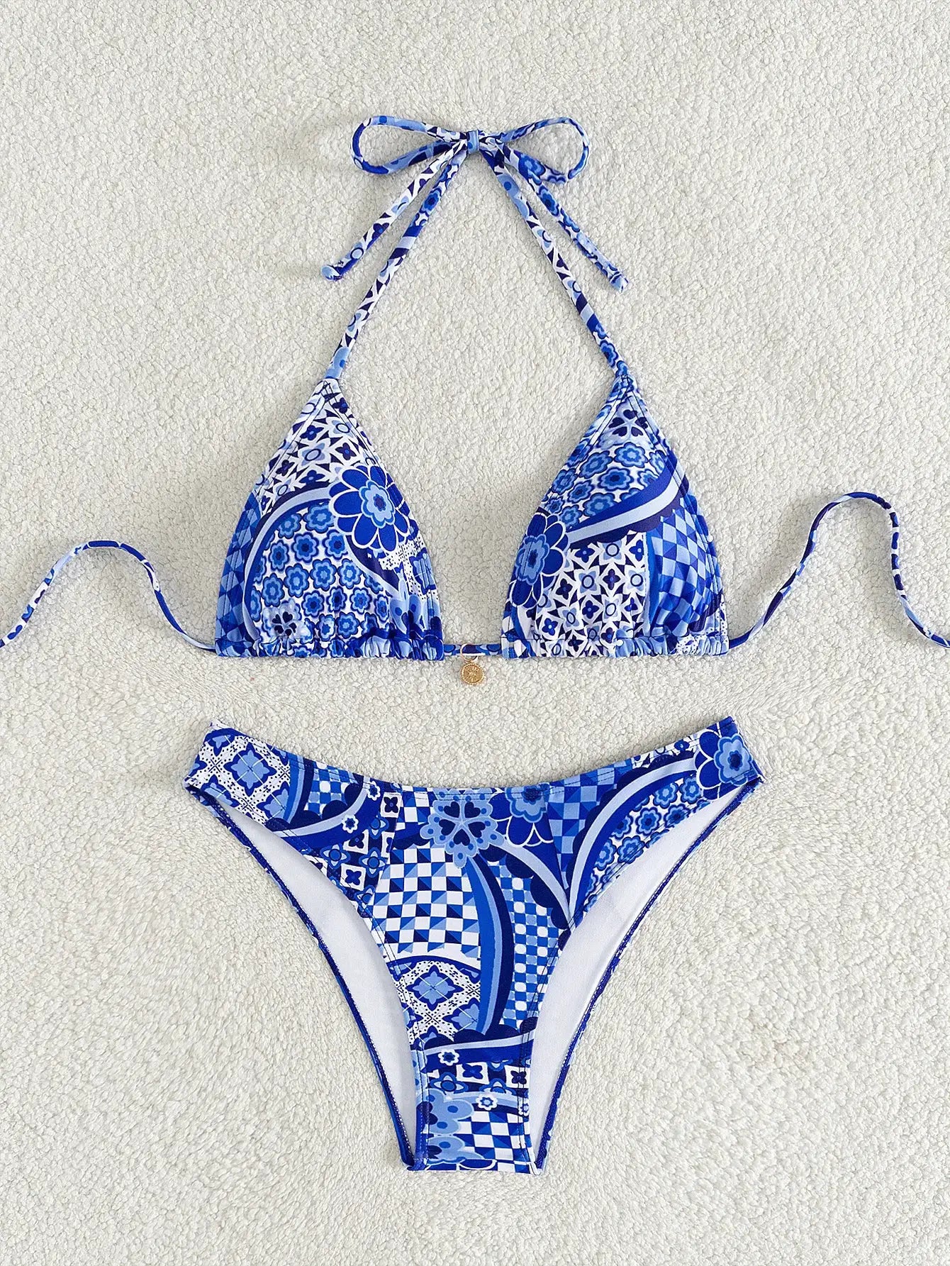 Triangle bikini set by Simples Market in blue floral print with push-up top and Brazilian bottoms