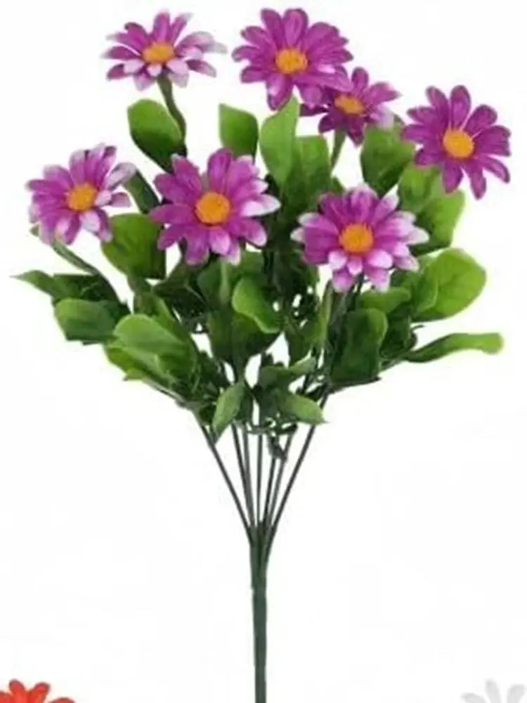 Artificial purple daisy bouquet with silk flowers and green leaves