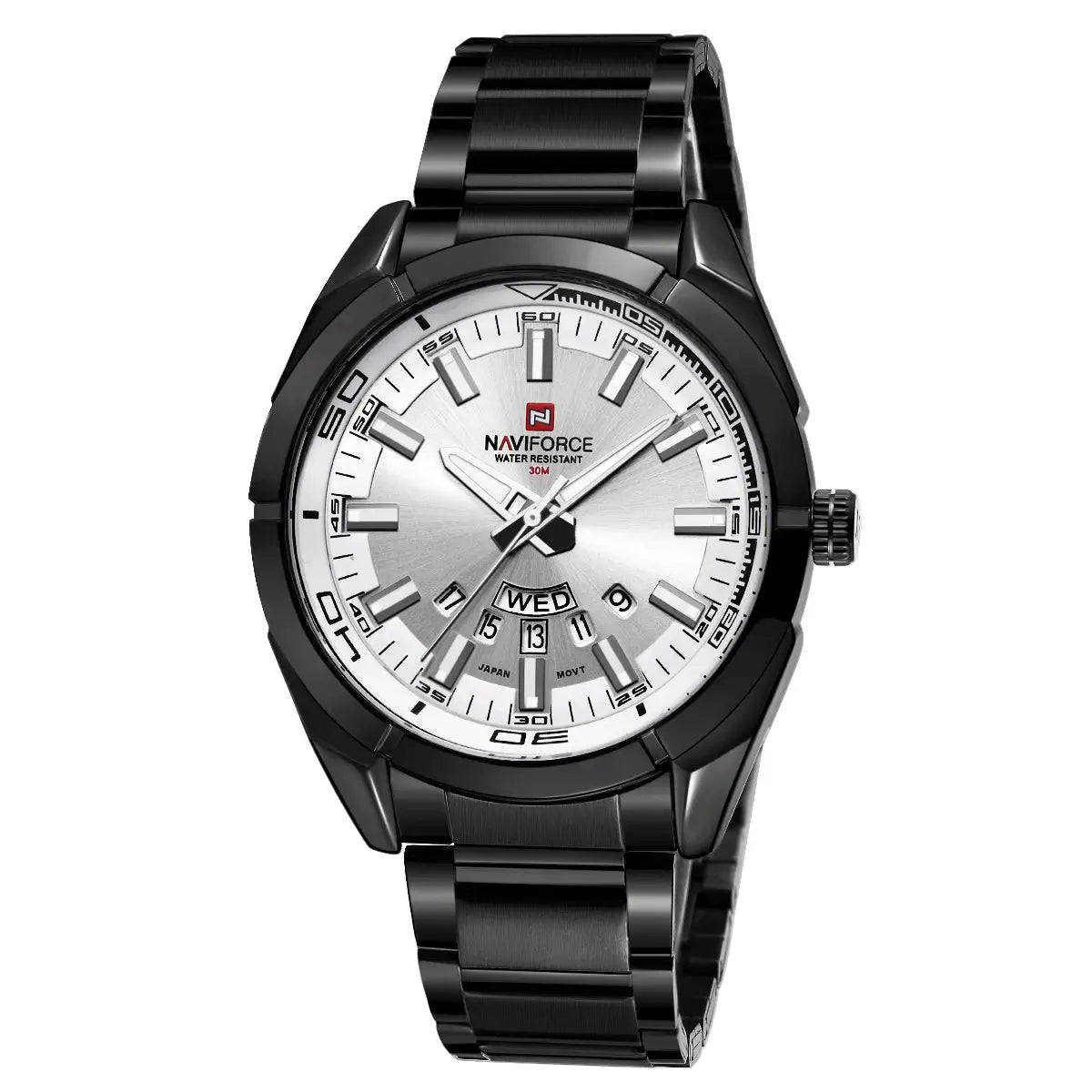 Naviforce men's classic casual watch, black stainless steel band, silver dial, day/date display, 30m water resistant.
