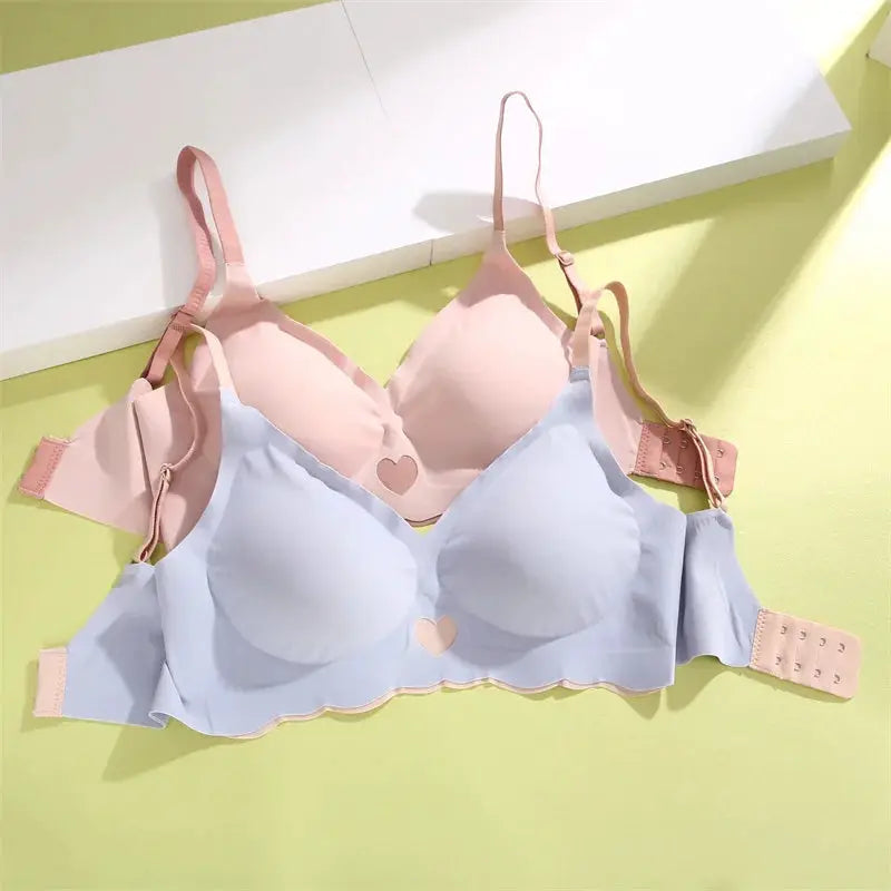 Push-up bra set in pink and blue with heart accents, seamless wireless, 2-pack