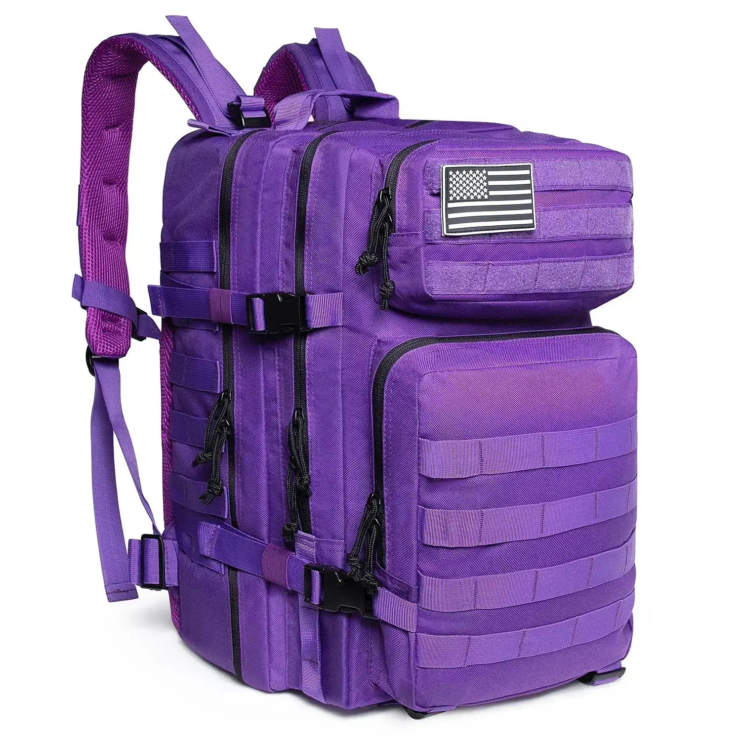 Simples Market 45L purple tactical backpack with multiple zipped compartments and front pockets.