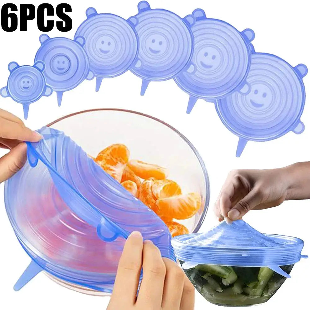 Six Piece Food Grade Silicone Preservation Covers Set Reusable Airtight Universal Fit Round Lids For Kitchen