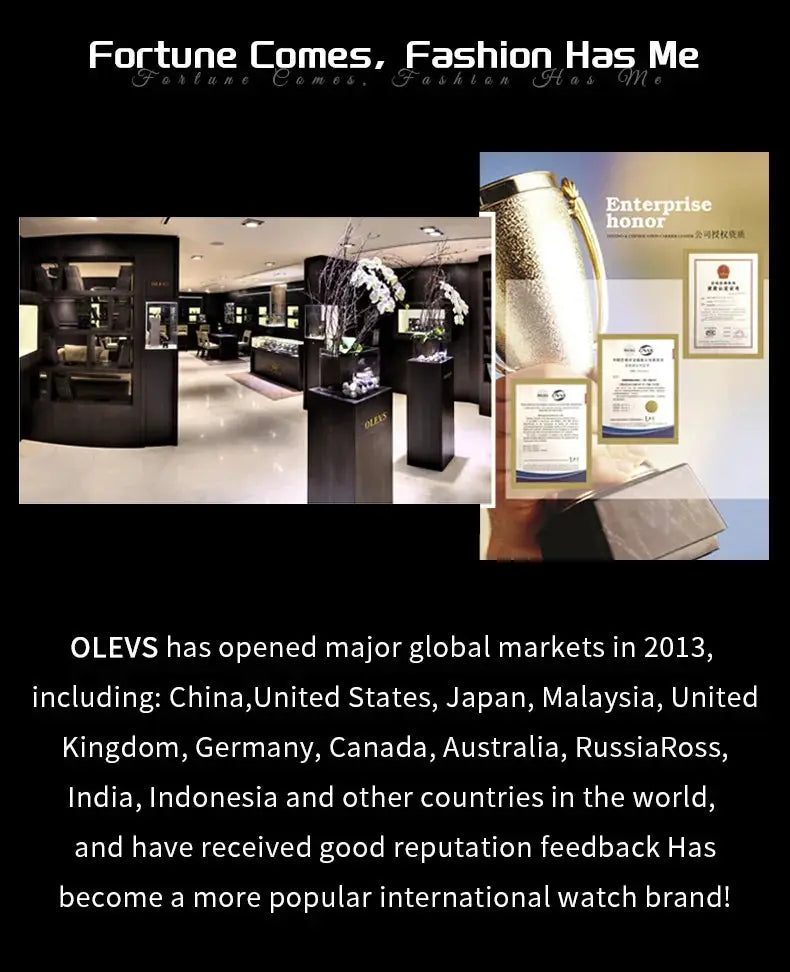 OLEVS gold steel men's watch display in showroom with certificates and trophy collage