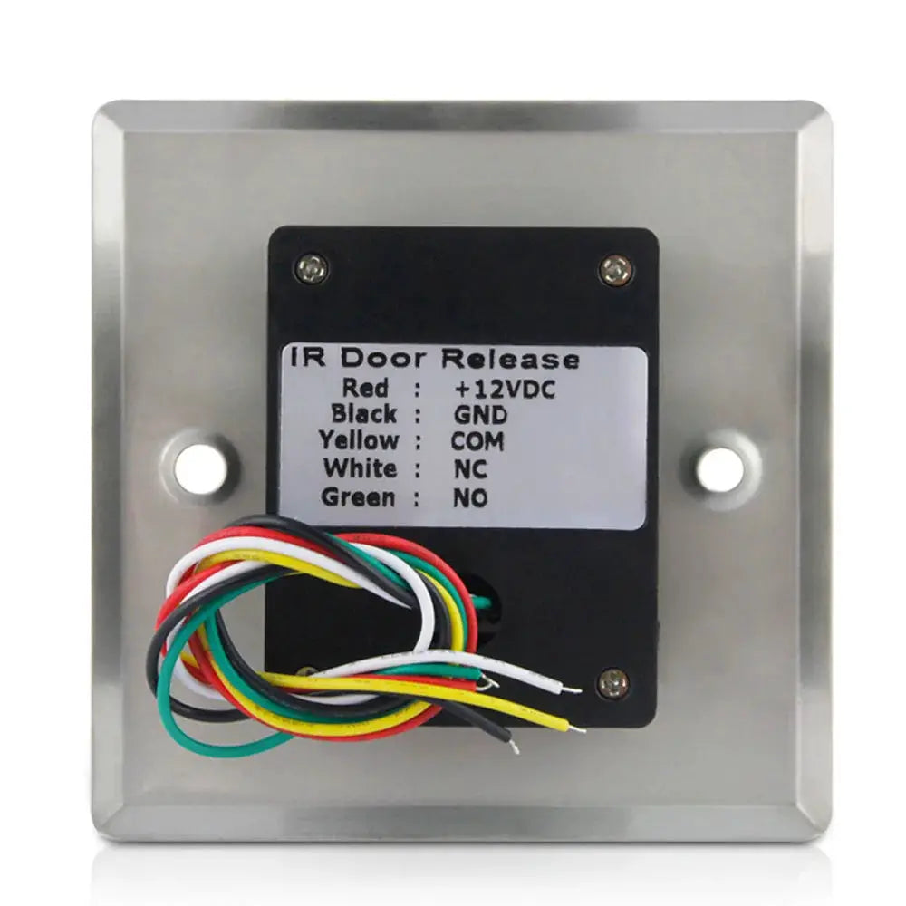 Infrared no-touch door release switch with LED on metal backplate and multi-color wiring