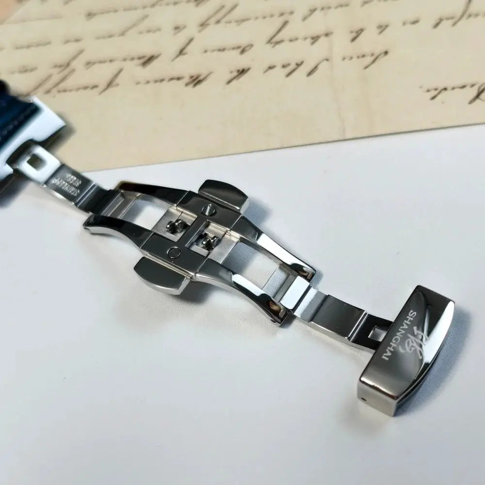 Shanghai Watch 42mm stainless steel bracelet with butterfly clasp; SHANGHAI branding visible