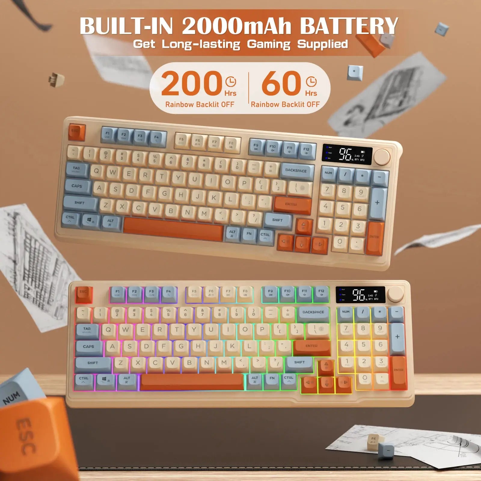 ZIYOU LANG wireless gaming keyboard with display screen and knob; beige chassis with pastel rainbow keycaps