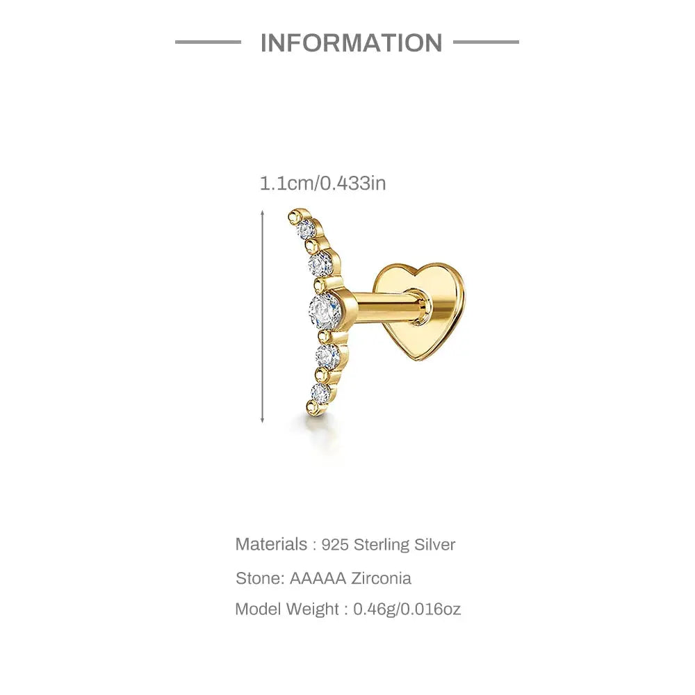 AIDE heart curved-helix piercing stud in gold-tone 925 silver with zirconia stones, 1.1 cm, Simples Market
