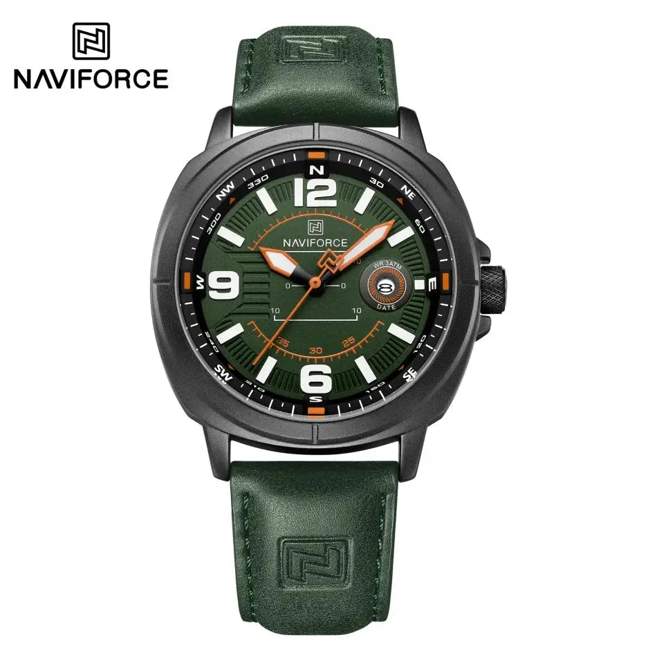 NAVIFORCE men's quartz wristwatch with green dial and green PU strap, calendar date display.