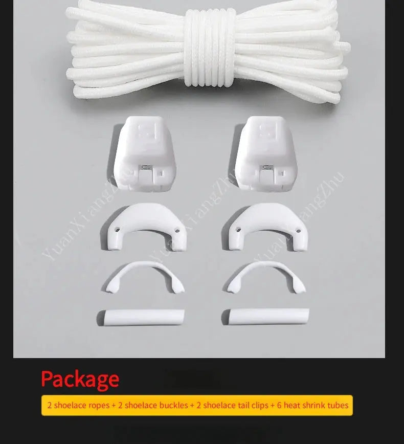 Simples Market no-tie round white sneaker laces kit with 2 laces, 2 buckles, 2 tail clips, 6 heat shrink tubes