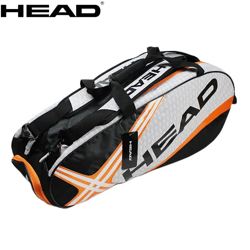 HEAD tennis racket backpack, white/gray with orange accents, large capacity for 3–6 racquets, separate shoes compartment
