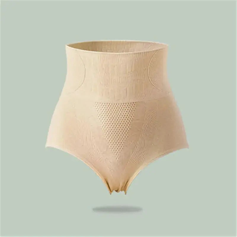 Beige high-waist shaping panties with breathable mesh panel for tummy and butt lifting
