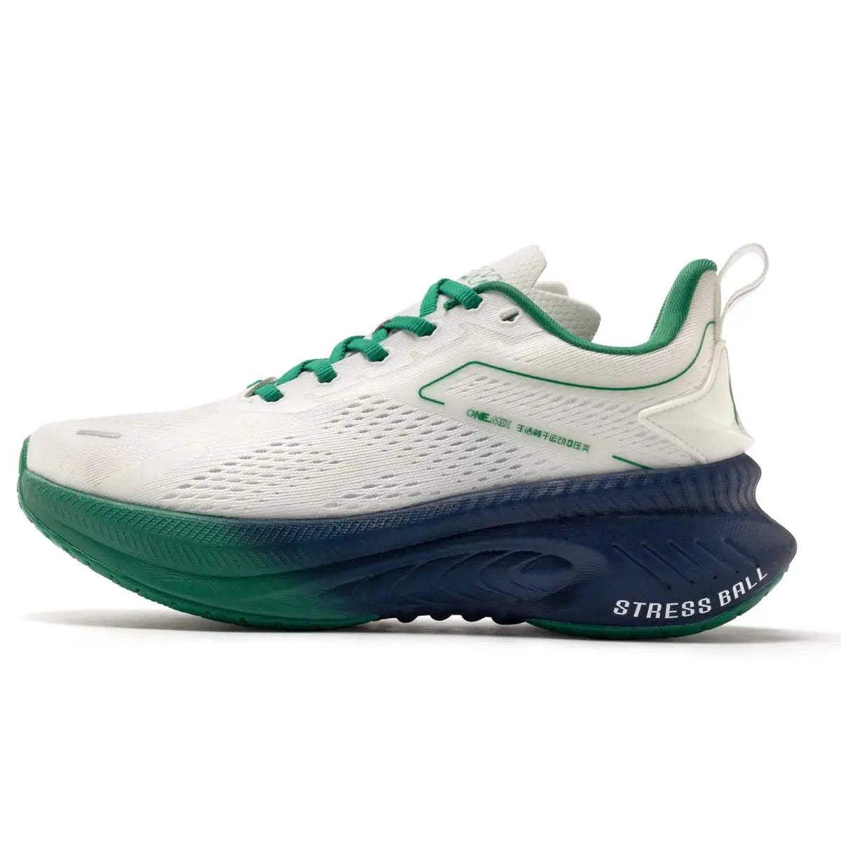 ONEMIX unisex breathable mesh running shoe in white with green accents and a blue-green outsole