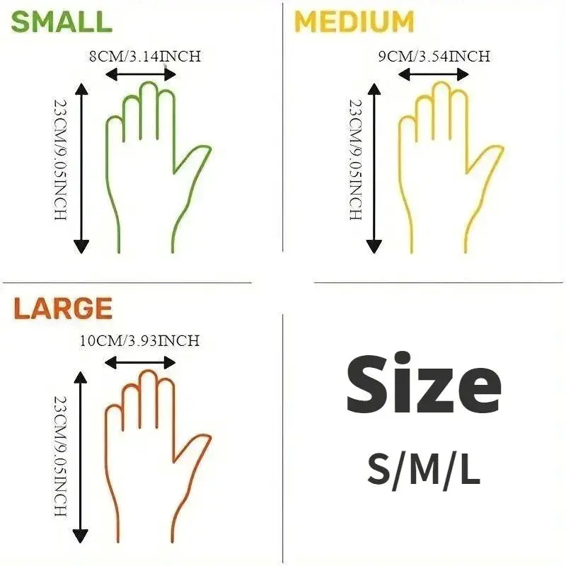 Simples Market disposable TPE gloves, 100 pcs, kitchen/bathroom cleaning; size S/M/L shown with green small, yellow medium, orange large